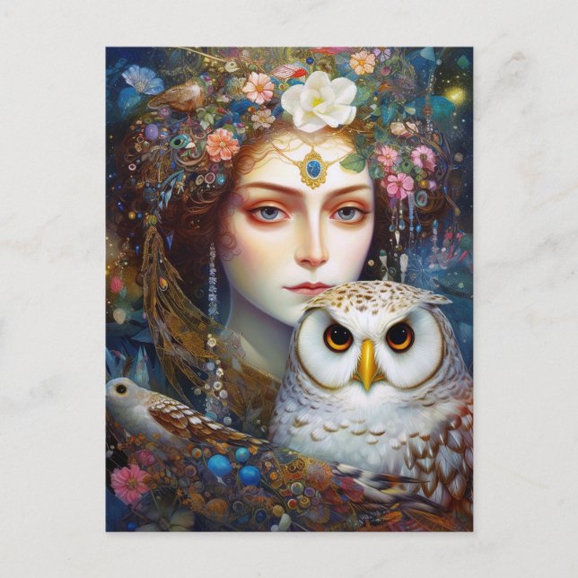 Carte Postale Lady With Owl Surreal Imaginaire Art (Devant)