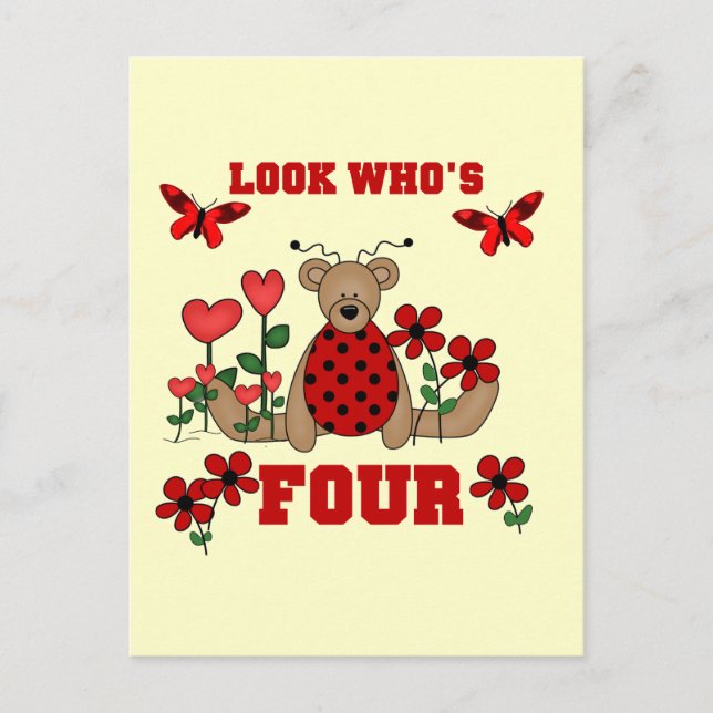 Carte Postale Ladybug Bear 4th Birthday Tshirts et cadeaux (Devant)