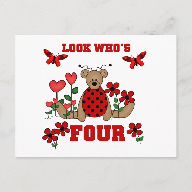 Carte Postale Ladybug Bear 4th Birthday Tshirts et cadeaux (Devant)