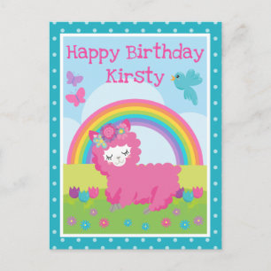Carte Postale Lama Rose Printanier Floral et Anniversaire Arc-en