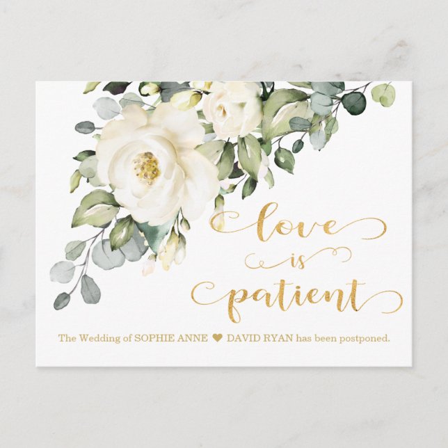 Carte Postale L'Amour Est Patient Blanc Floral Mariage Reporté (Devant)
