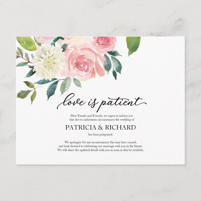 Carte Postale L'Amour Est Patient Blush Floral Mariage Postponem (Devant)