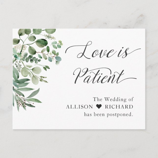 Carte Postale L'amour est Patient Mariage Postponed Chic Eucalyp (Devant)