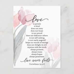 Carte Postale L'amour est Patient Pink Tulips Bible Mariage