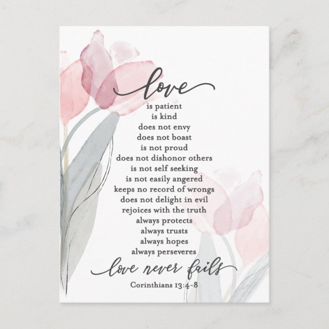 Carte Postale L'amour est Patient Tulipes Roses Bible Mariage (Devant)