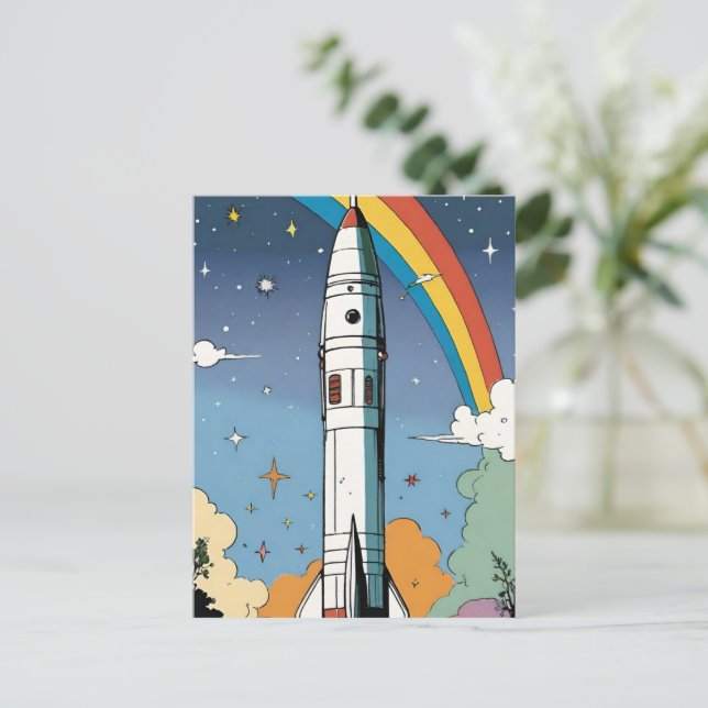 Carte Postale Lancement de la fusée spatiale rétro Glossy Poster (Debout devant)