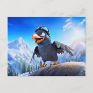 Carte Postale Lancement de montagne corbeau avec lunettes de ski
