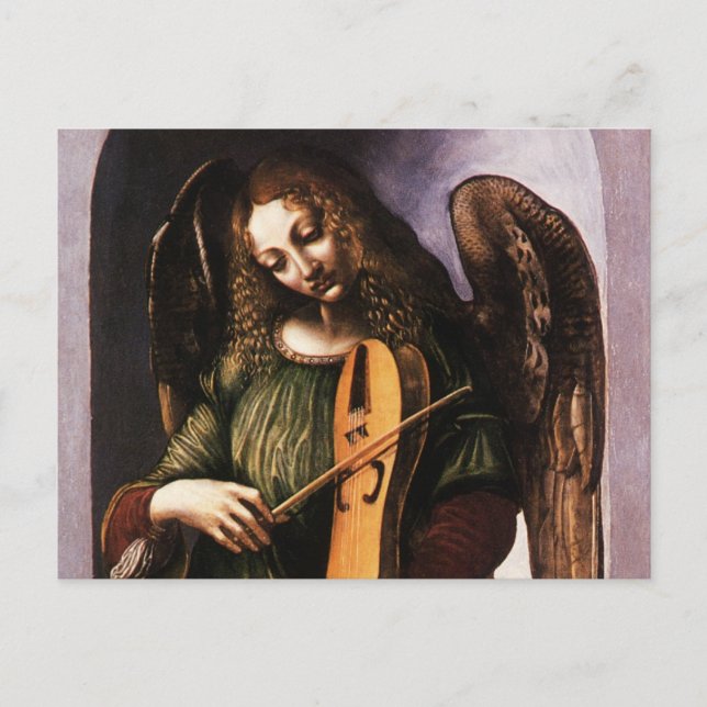 Carte Postale L'ange de Léonard de Vinci en vert avec une Vielle (Devant)