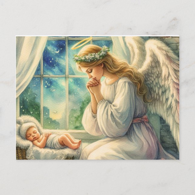 Carte Postale l'ange gardien prie au berceau du bébé (Devant)