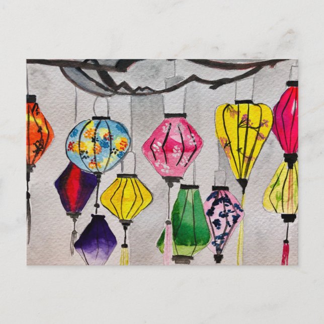 Carte Postale lanternes chinoises aquarelle art (Devant)