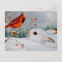 Lapin à neige et cardinal rouge - Art aquarelle