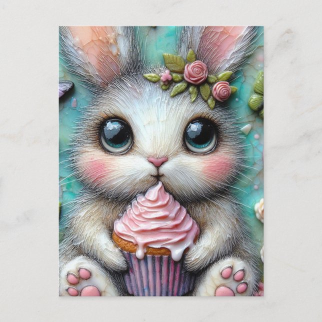 Carte Postale Lapin adorable avec un Cupcake (Devant)