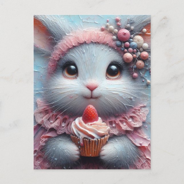 Carte Postale Lapin adorable avec un gâteau à la fraise (Devant)