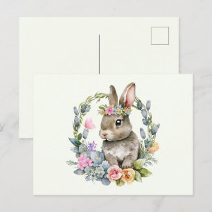 Carte Postale Lapin aquarelle avec couronne florale