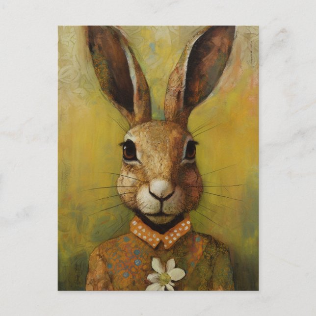 Carte Postale Lapin avec une fleur blanche (Devant)