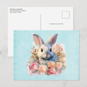 Carte Postale Lapin avec une guirlande de roses Mignon