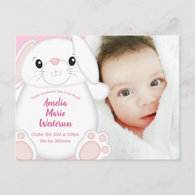Carte Postale Lapin Baby shower rose (Devant)