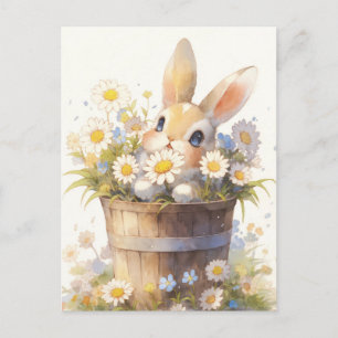 Carte Postale Lapin bébé doux dans seau en bois à marguerite