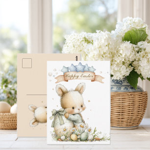 Carte Postale Lapin bébé mignon en pyjama avec un œuf de Pâques
