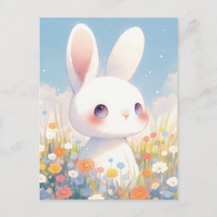 Carte Postale Lapin Blanc Doux dans Prairie Pastel