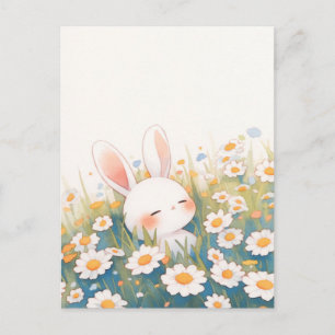 Carte Postale Lapin Blanc Endormi dans la Prairie aux Marguerite