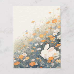 Carte Postale Lapin Blanc endormi dans la prairie orange