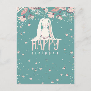 Carte Postale Lapin blanc & Fleurs   Joyeux anniversaire