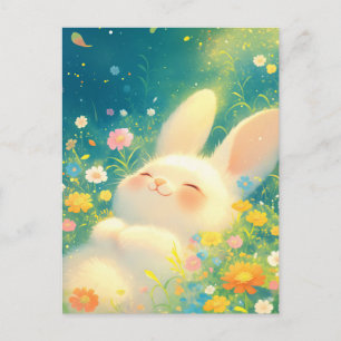 Carte Postale Lapin Blanc Heureux dans la Prairie de Fleurs Magi