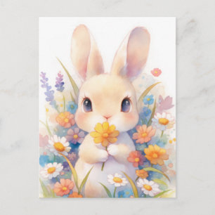Carte Postale Lapin Brun Doux Tenant une Fleur Jaune