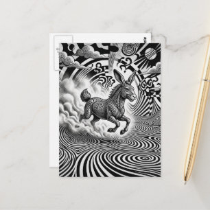 Carte Postale Lapin Cheval Créature Fantastique Surréaliste Noir