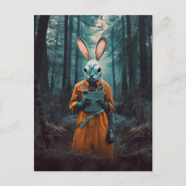 Carte Postale Lapin dans un masque à gaz dans les bois (Devant)