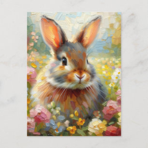 Carte Postale Lapin dans une œuvre d'art printanière à champ flo