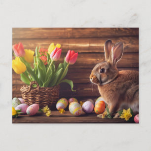 Carte Postale lapin de Pâques assis à côté d'œufs colorés et de