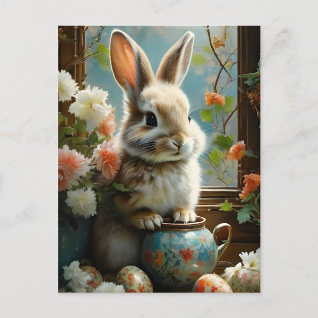 Carte Postale Lapin de Pâques avec oeufs détaillés et fleurs (Devant)