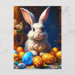 Carte Postale Lapin de Pâques blanc baroque avec œufs