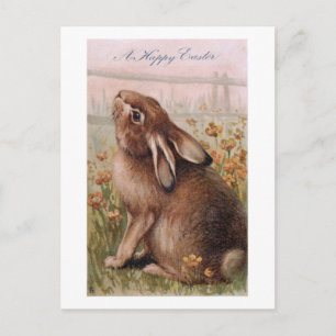 Carte Postale Lapin de Pâques Brun Rustique Vintage & Fleurs Sau