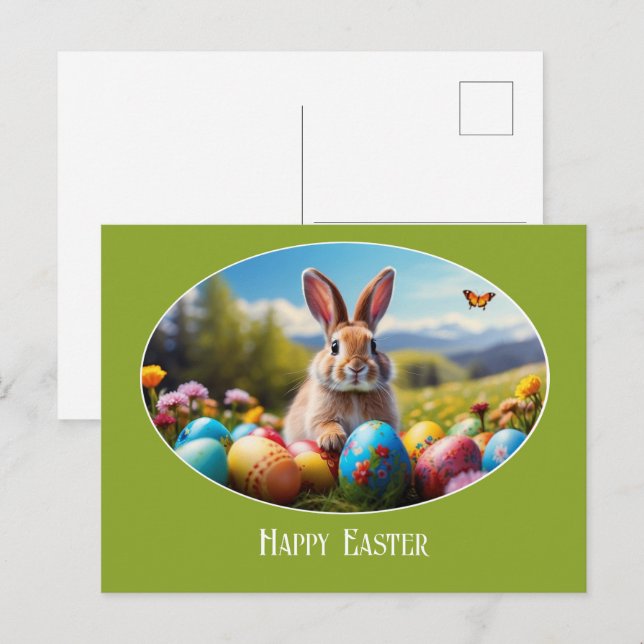 Carte Postale Lapin de Pâques dans le champ de fleurs illustrati (Devant / Derrière)