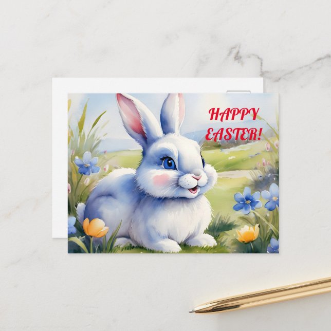 Carte Postale Lapin de Pâques dans un jardin, Pâques (Devant/Arrière en situation)