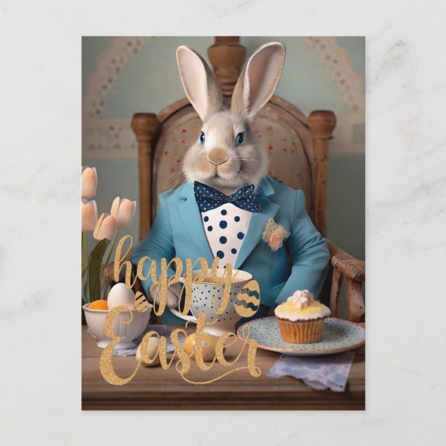 Carte Postale Lapin de Pâques en manteau bleu et cravate arc (Devant)