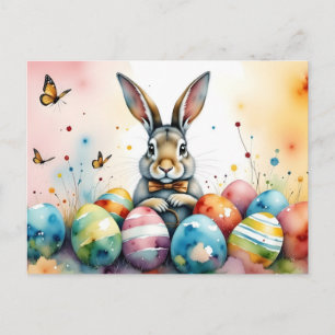 Carte Postale Lapin de Pâques mignon avec des œufs peints coloré