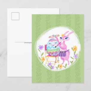 Carte Postale Lapin de Pâques rose et oeuf