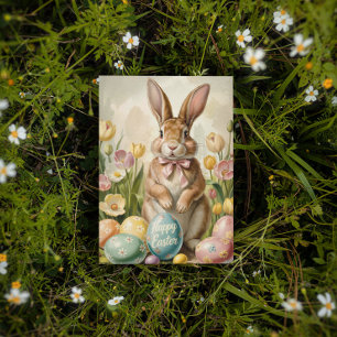 Carte Postale Lapin de Pâques vintage avec tulipes
