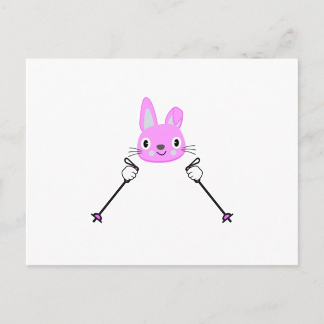 Carte Postale Lapin de ski avec bâtons de ski (Devant)