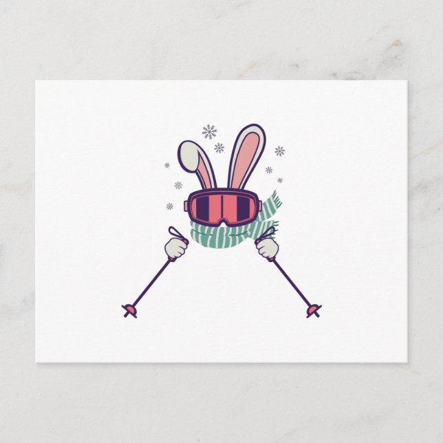 Carte Postale Lapin de ski avec bâtons de ski et lunettes de ski (Devant)