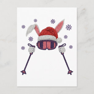 Carte Postale Lapin de ski en faux fil avec chapeau de Père Noël