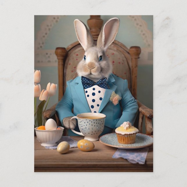 Carte Postale Lapin en manteau bleu et cravate arc (Devant)