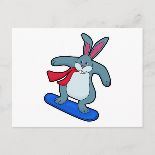 Carte Postale Lapin en Snowboard avec Snowboard & Scarf (Devant)