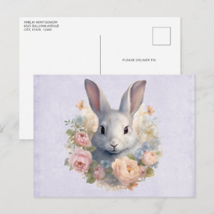 Carte Postale Lapin Entouré de Fleurs Pastel Mignon