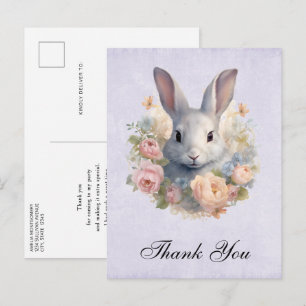 Carte Postale Lapin entouré de fleurs pastel Mignon Merci