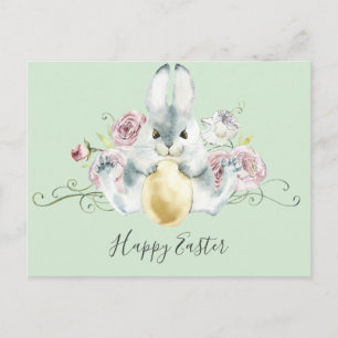 Carte Postale Lapin et fleurs de Pâques à l'aquarelle